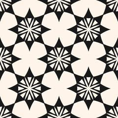 Vector abstract geometric seamless pattern. Simple texture with ornamental grid, flower shapes, stars, repeat tiles. Tribal ethnic motif. Black and white folk style background. Stylish repeated design