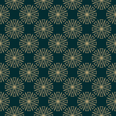 Golden geometric abstract seamless texture. Vector gold and dark green pattern. Modern geo leaf ornament with outline floral silhouettes. Luxury ornamental background. Repeated geo design for decor