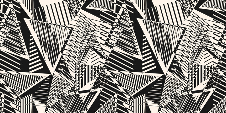 Vector abstract seamless pattern. Urban art texture with chaotic shapes, triangles, lines, stripes. Monochrome sport style background. Simple black and white repeated design. Grungy sporty pattern