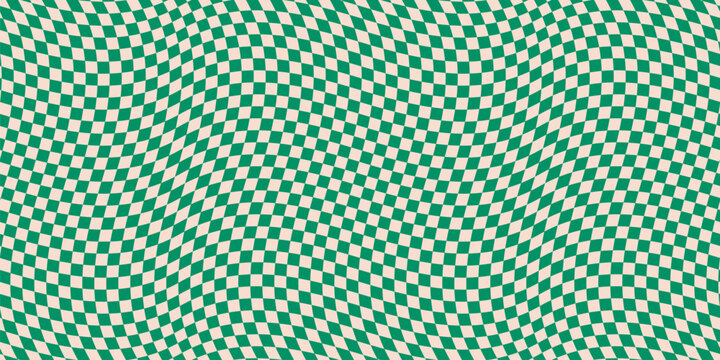 Green and beige checkered seamless pattern with optical illusion effect. Simple abstract vector background. Groovy distorted texture. Op art illustration. Repeated geometric design. Retro funky style
