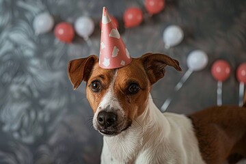 Dog wearing a party hat, happy expression