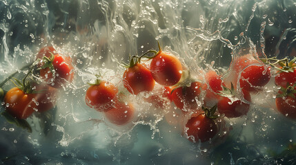 Cherry Tomatoes Bursting Through Water Surface.