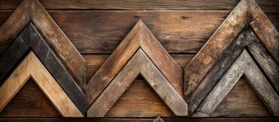 A pile of wooden frames arranged in a triangular and rectangular shapes on a hardwood surface, resembling brickwork. The wood pieces may be used for flooring, facade, or roof construction - obrazy, fototapety, plakaty