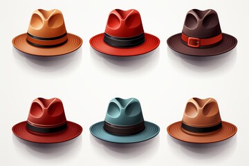 Collection of vibrant summer travel hats for men, beautifully designed icons on white background - obrazy, fototapety, plakaty