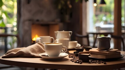 The cozy ambiance of the setting invites you to take a moment to savor both the visual appeal and the aromatic allure of the freshly brewed coffee. It's a simple yet heartwarming scene, promising mome - obrazy, fototapety, plakaty