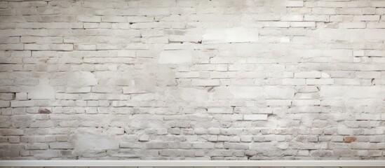 A monochrome white brick wall with a brown wood shelf in the corner, complemented by beige...