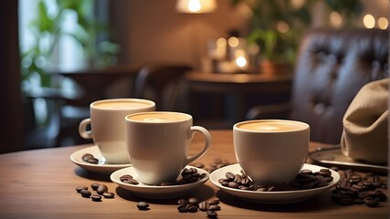 The cozy ambiance of the setting invites you to take a moment to savor both the visual appeal and the aromatic allure of the freshly brewed coffee. It's a simple yet heartwarming scene, promising mome - obrazy, fototapety, plakaty