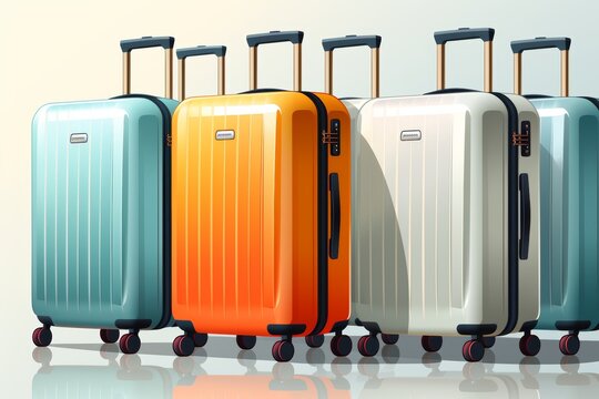 Five vibrant and stylish colored suitcases for traveling and vacation on light background