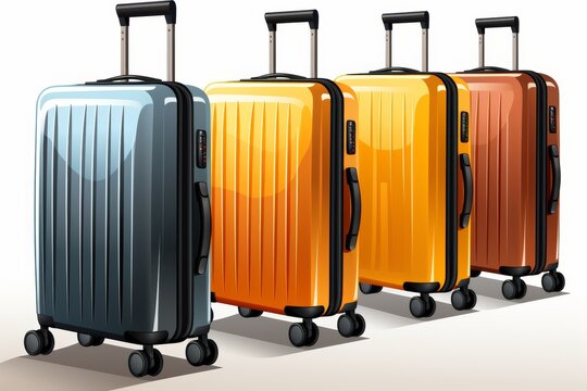 Four colorful travel suitcases - blue, yellow, and orange luggage on white background