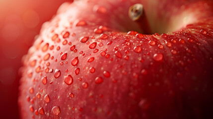 A close-up of a freshly picked apple, with details of its red color, its smooth skin, and its perfect shape.