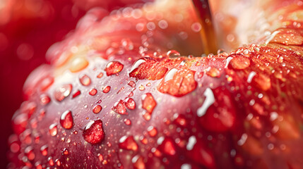 A close-up of a freshly picked apple, with details of its red color, its smooth skin, and its perfect shape.