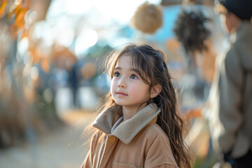 Portrait of a beautiful asian little girl in the autumn park