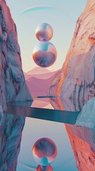 Surreal landscape with reflective spheres and pastel tones