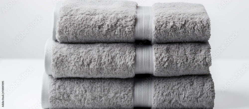 Poster three gray automotive tire towels are neatly stacked on a white rectangular wood surface, creating a