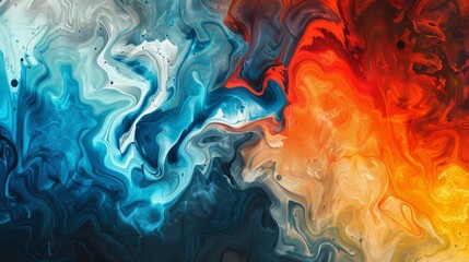 Abstract fluid art with blue, white, red, and orange swirls - obrazy, fototapety, plakaty