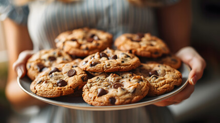 A person holding a plate of freshly baked cookies, with details of the cookies' golden brown color,...