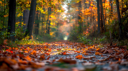 A forest path covered in fallen leaves, with details of the path's winding curves, the leaves' variety of colors, and the sunlight filtering through the trees.