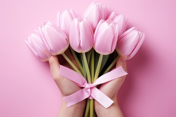 Women hands are holding a bouquet of tulips. International Women Day 8 march