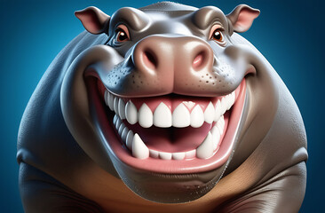caricature very big toothy wide smile of smiling hippopotamus, hippopotamus with white smile looking at camera