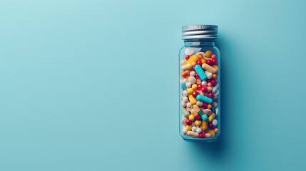 Top view shot of a pill bottle with colorful variety of pharmaceutical pills in different colors and shapes, medicine tablets on blue background, generative ai	 - Powered by Adobe