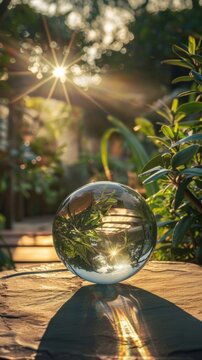 Crystal ball capturing the sun in a lush garden