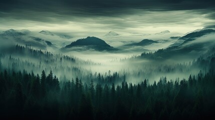 Evening dense foggy forest with high mountains in distance. Mysterious and atmospheric forest landscape. Generative AI