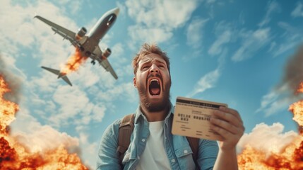 Aerophobia, fear of flying by air plane concept. Person in panic, afraid of aeroplane holding boarding pass and imagining a burned plane in the sky. Psychology disorder, phobia of airplane travel. - obrazy, fototapety, plakaty