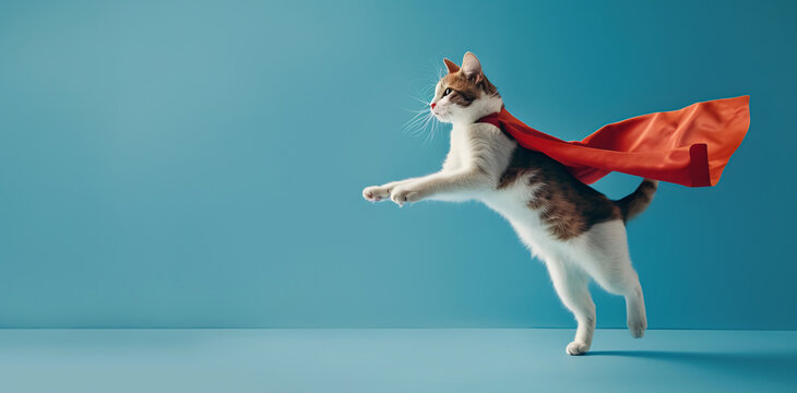 flying cat with a superhero cape on blue background