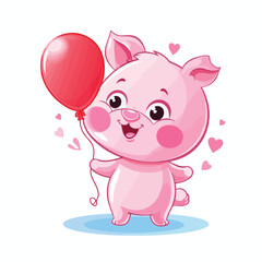 Kawaii pig cartoon holding balloon. mascot 