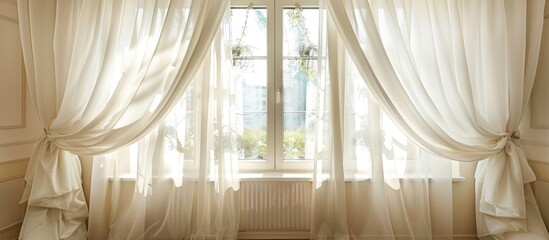 Window decoration with white curtains - obrazy, fototapety, plakaty