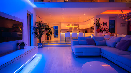 A leisure room with a cozy couch, TV, and electric blue lighting. The room is enhanced with blue lights and a houseplant for a relaxing atmosphere