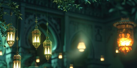 Obraz premium Ramadan symbols such as lantern, crescent moon, mosque