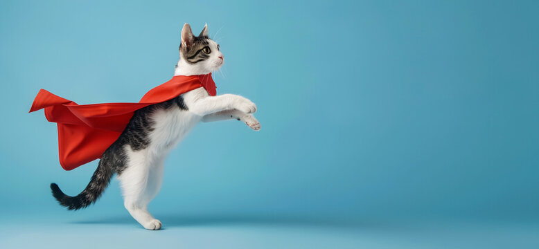 flying cat with a superhero cape on blue background
