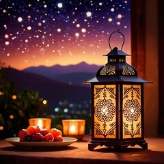 Traditional decorative middle east arabian style lantern lamp at night under stars - obrazy, fototapety, plakaty
