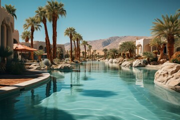 Fototapeta na wymiar A serene oasis with a large pool, palm trees, and rocks under the sky