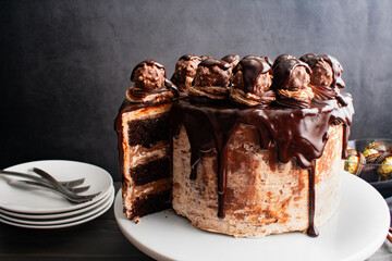 Sliced Chocolate Cake Topped with Chocolate Ganache and Hazelnut Candies: Chocolate layer cake with...