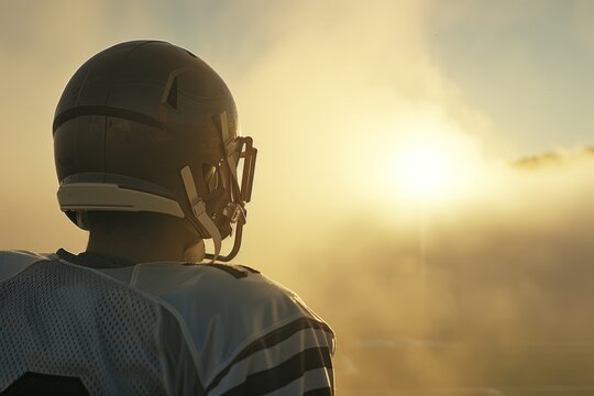 a player in sportswear and a helmet stands with his back against the background of the sunset.  place for text, advertising.