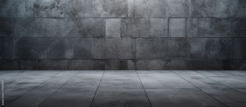 Aufkleber the atmosphere in the empty room with a brick wall and tiled floor is grey and minimalist. the floor