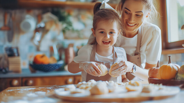 Joyful Mother and Daughter Baking Together in a Cozy Kitchen