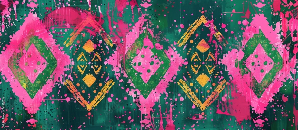 Poster a textile art piece with a magenta and green pattern on a grass green background, creating a visuall