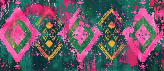 A textile art piece with a magenta and green pattern on a grass green background, creating a...