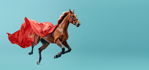 flying horse with a superhero cape on blue background