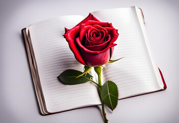 Oblique red rose laying on empty pages of Memo pad - obrazy, fototapety, plakaty
