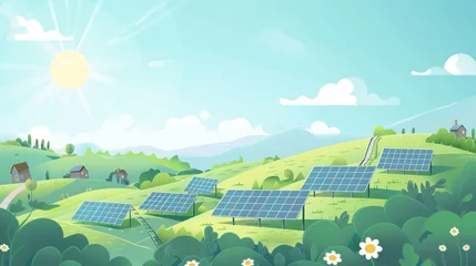 Foto op Plexiglas landscape illustration of solar panels on lush green hills on a sunny day © Chris