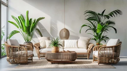 Zelfklevend Fotobehang Tropical Tranquility Rattan Elegance in Botanical Lounge © Rifat