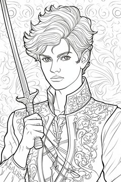 Coloring page. Black and white, the Prince. High quality photo. Generated by AI