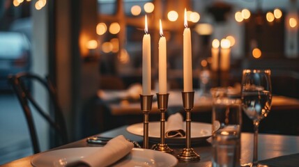 Tall candle-holders with thin candles in them stand on dinner table - obrazy, fototapety, plakaty