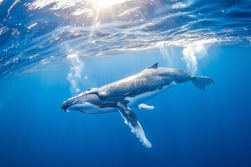 Humpback whale playfully swimming in clear blue ocean while blowing bubblesHumpback whale playfully swimming in clear blue ocean