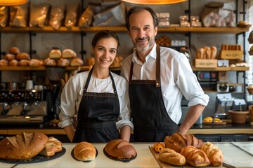 cafe owner portrait business shop job service occupation couple bakery happy food bread cake sweet pastry fresh apron family work