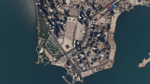 Top aerial drone view of the skyscrapers in the city of Doha in Qatar